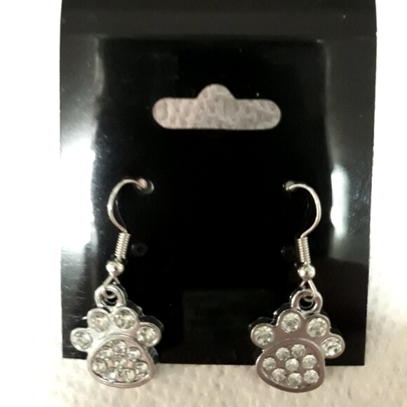 Paw Print Cat Dog Crystal Rhinestones Silver Dangle Pierced Earrings NEW - Picture 1 of 12